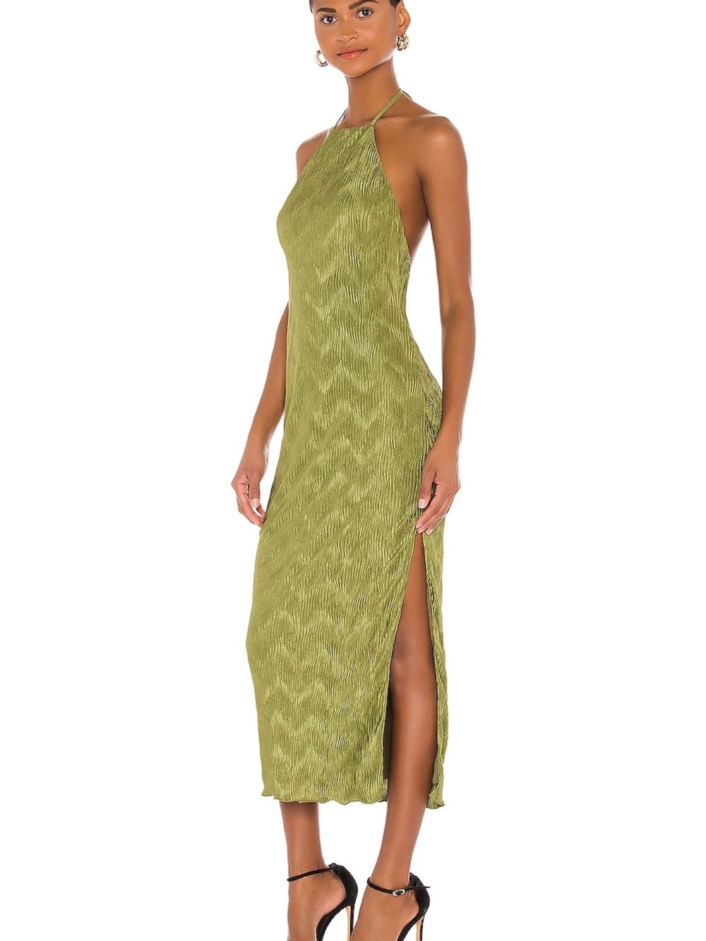 House of Harlow Olive Green Halter Midi Dress with Side Slit
